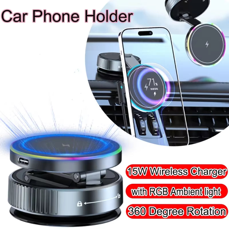 15W Wireless Charge 360 Degree Rotatable Vacum Car Holdermagnetic Car Mount Vacuum Phone Holder for Iphone Samsung Xiaomi