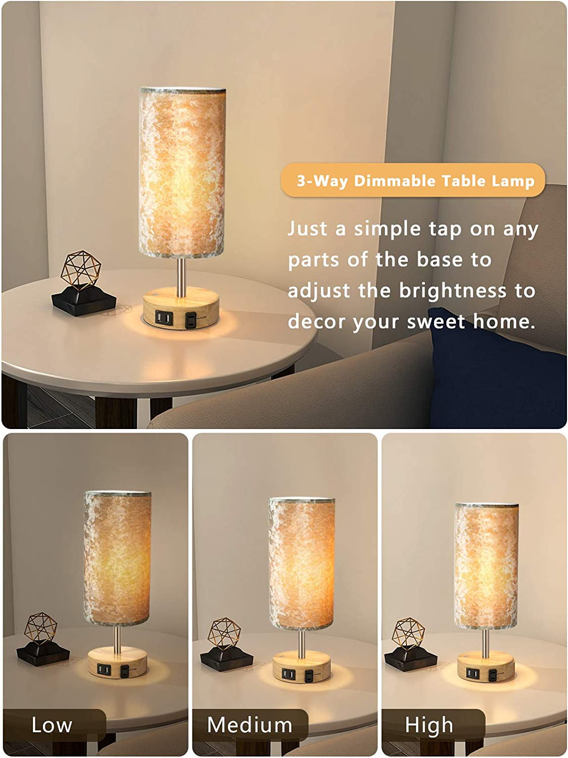 Bedside Lamp with USB Port Table Lamps Touch Control Velvet Shade Nightstand Lamps for Bedrooms, Table Lamp for Bedroom Living Room Office