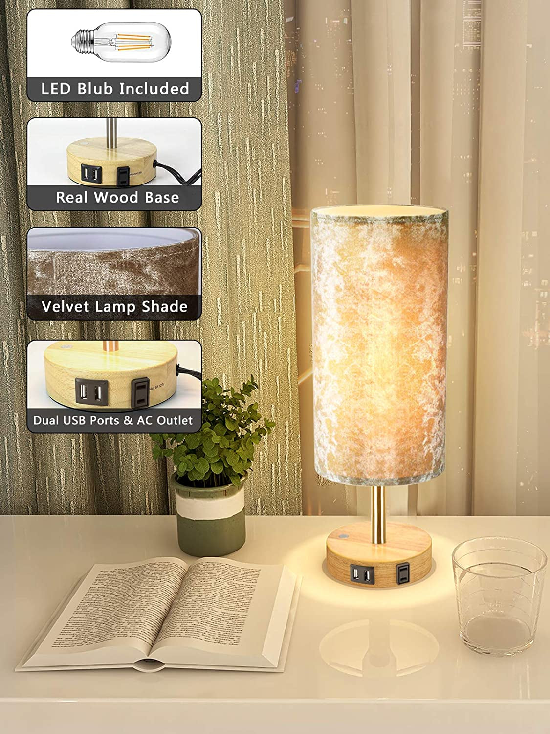 Bedside Lamp with USB Port Table Lamps Touch Control Velvet Shade Nightstand Lamps for Bedrooms, Table Lamp for Bedroom Living Room Office