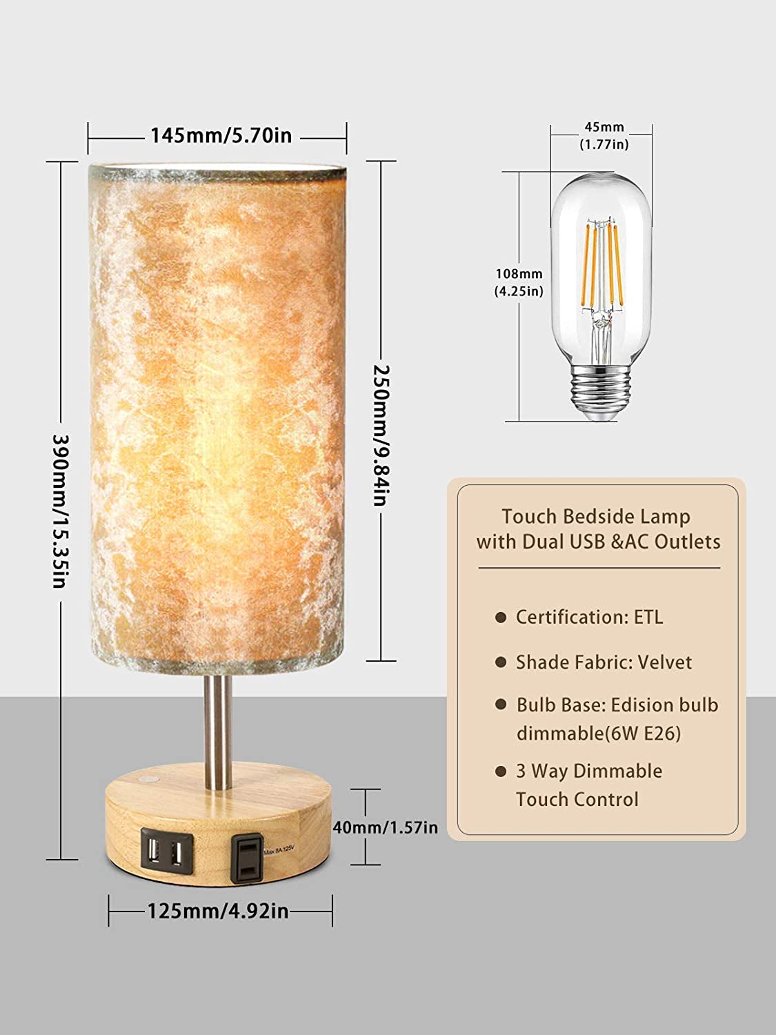 Bedside Lamp with USB Port Table Lamps Touch Control Velvet Shade Nightstand Lamps for Bedrooms, Table Lamp for Bedroom Living Room Office