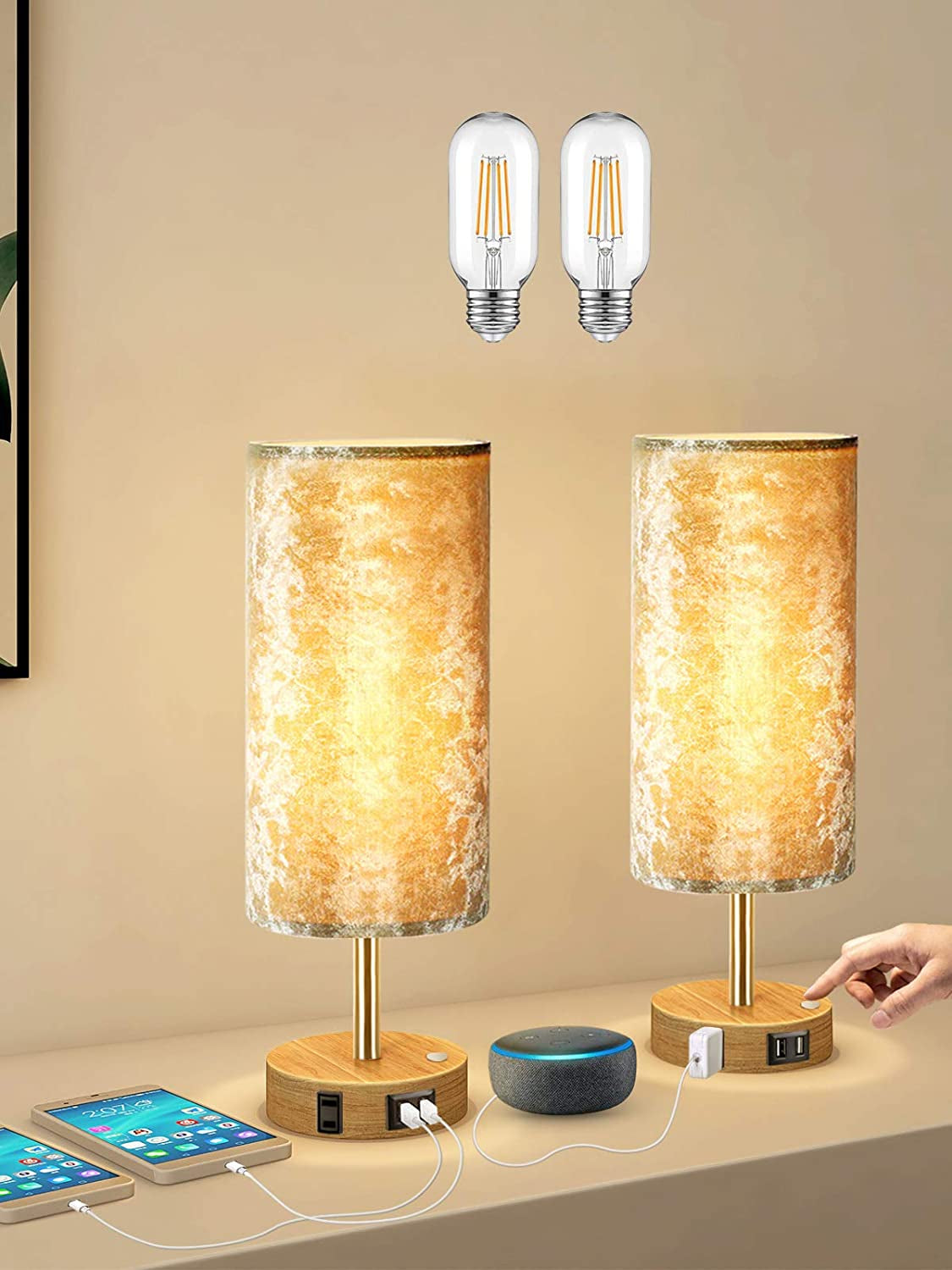 Bedside Lamp with USB Port Table Lamps Touch Control Velvet Shade Nightstand Lamps for Bedrooms, Table Lamp for Bedroom Living Room Office