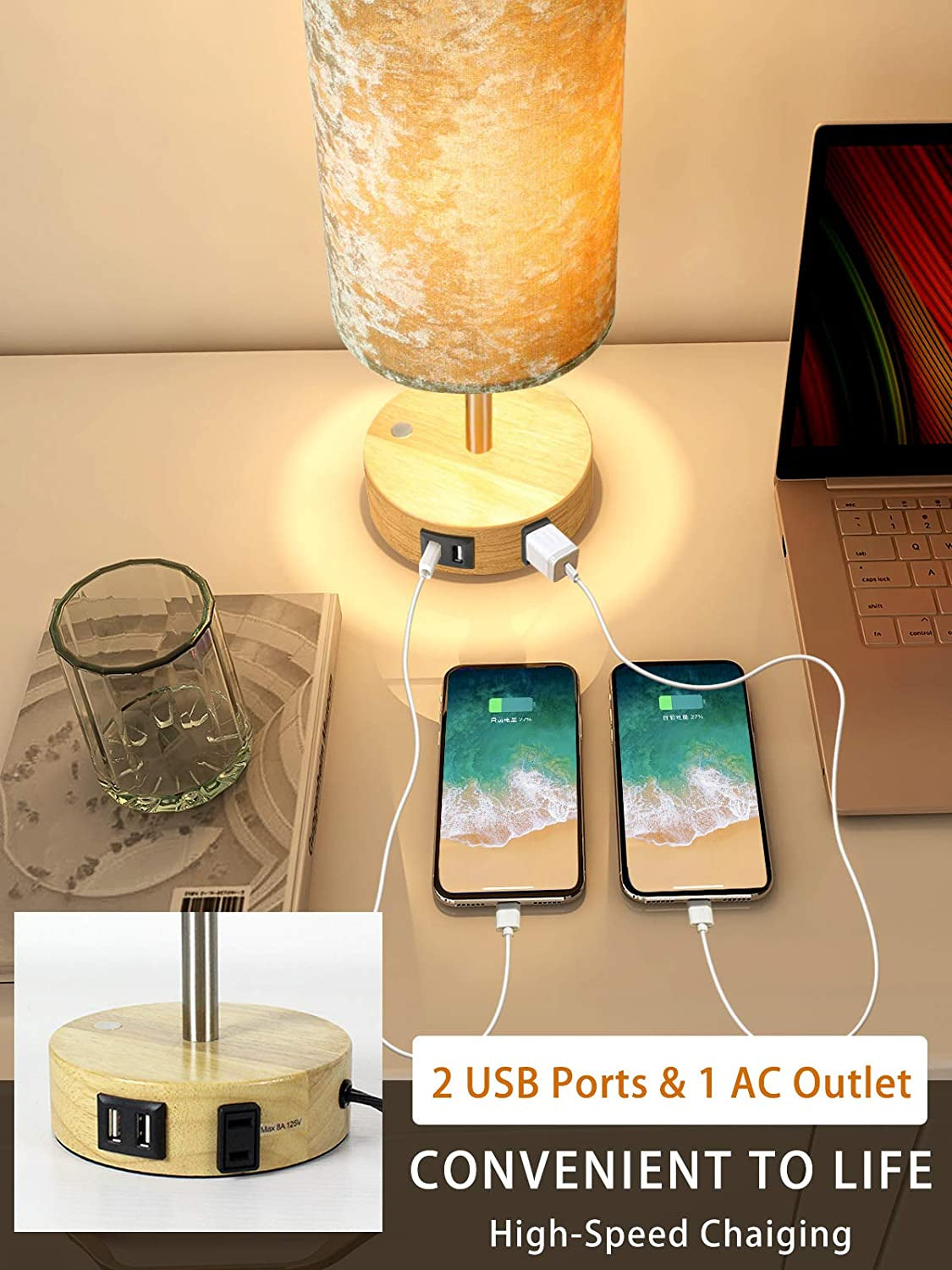 Bedside Lamp with USB Port Table Lamps Touch Control Velvet Shade Nightstand Lamps for Bedrooms, Table Lamp for Bedroom Living Room Office